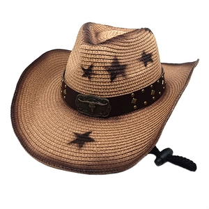 Western khaki straw cowboy hat with a metal bull head buckle and star prints