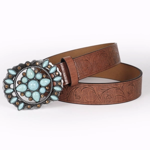 Vintage western belt with embossed leather and turquoise gemstone buckle in dark brown
