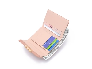 Pink floral bifold wallet featuring multiple card slots and a secure metal snap button