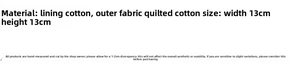 Detailed size chart showing the 13x13cm dimensions of the quilted heart cotton storage bag
