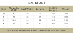 Detailed size chart for denim shirt jacket showing measurements for XS, S, M and L sizes