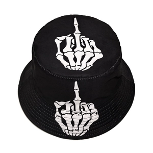 Black cotton bucket hat featuring white skull hand prints for outdoor street style