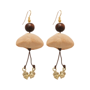 Vintage style wood bead and tiger eye stone drop earrings with bronze pinecone charm