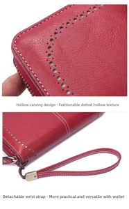 Detail of red leather wallet with dot cutout texture and detachable wrist strap
