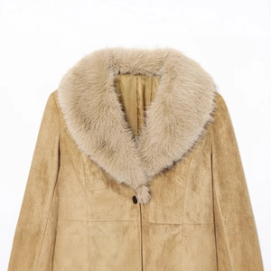 Women's camel faux suede blazer with plush fur collar in a high-quality close-up view