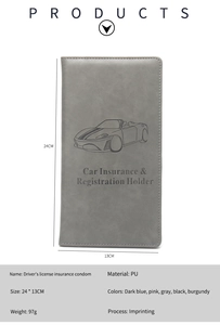 Detail view of grey PU leather car insurance folder showing dimensions 24x13cm
