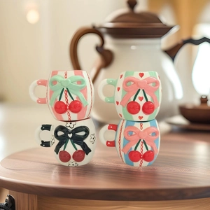 Ceramic Mug Cherry Bow-knot Relief White Porcelain Cute Coffee Milk Tea Cup Stripe Polka Dot With Handle For Women