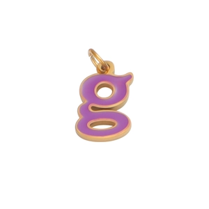 Detail of a purple enamel letter g pendant with a golden frame and top metal jump ring