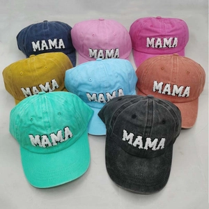 Vintage washed cotton baseball caps with MAMA plush embroidery in multiple vibrant colors