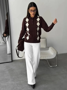 Women Polo Knit Sweater Cotton Polyester Argyle Pattern Long Sleeve Retro Preppy Style Old Money Aesthetic