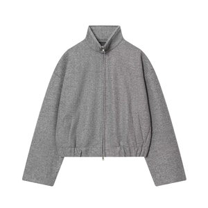 Women's casual grey bomber jacket with standing collar and metal zip closure