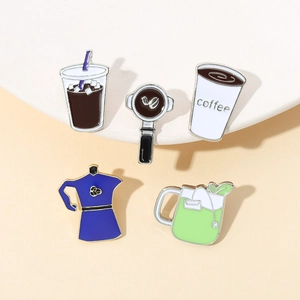 Five-piece coffee and beverage themed enamel pin set made of zinc alloy for decoration