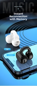 Detail view of black and white clip-on headphones with 3D tech background