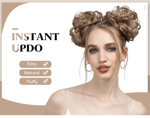 Detail showing two fluffy brown hair bun extensions for instant updo styling on a model