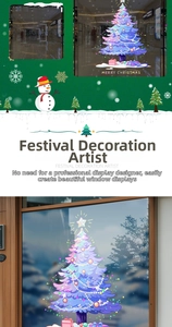 Detail of purple Christmas tree window stickers with snowflakes and gift boxes