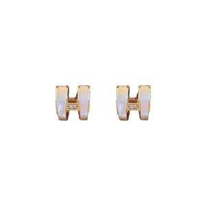 Classic cream enamel H-shaped stud earrings with gold plating and zircon accents