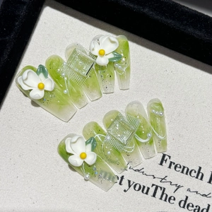 Unghie Finte Bara Extra Lunghe Fatte A Mano Sfumate Verde Marmo Fiore 3D Perla Artificial Decorazione Lusso Stile Primavera