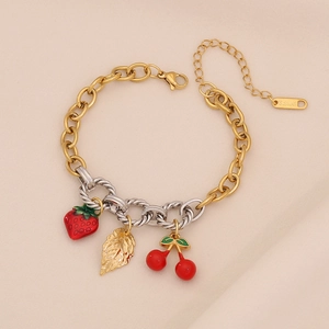 Golden and silver stainless steel chain bracelet with strawberry and cherry pendants