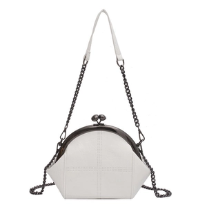 White vintage clasp shell bag with cross-stitch pattern and metal chain strap