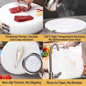 Durable round PE plastic cutting board with non-slip texture and metal handle