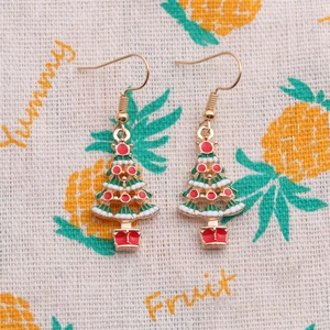Christmas tree earrings with red and green enamel coating on gold metal base