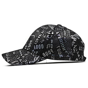 Classic black baseball cap with trendy silver letter prints and a curved brim for men and women