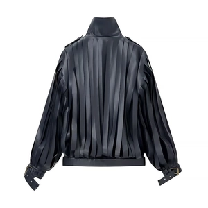 Women's British style faux leather jacket featuring back fringe and high collar detail