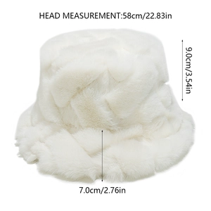 Detailed size chart of a white faux fur bucket hat with dimensions in centimeters and inches