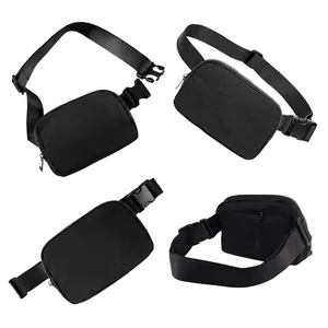 Black nylon running waist bag with adjustable strap and multi-angle product views