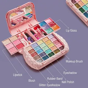 Washable kids makeup kit in pink carry case with eyeshadows, lipsticks and nail polish