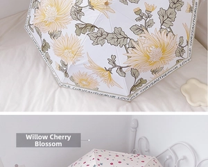 Close-up of elegant floral and cherry prints on premium UV-protected folding umbrellas