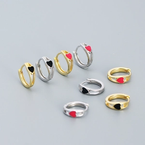925 Sterling Silver Heart Hoop Earrings For Women Minimalist Small Enamel Red Black Love Heart Huggie Earrings