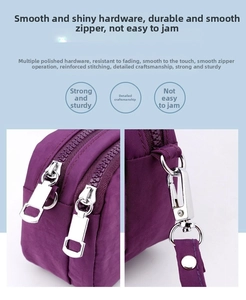 Detail of durable dual zippers and polished silver metal hardware on purple nylon bag