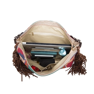 Inside view of Bohemian woven tote bag showing large capacity for laptop and daily items