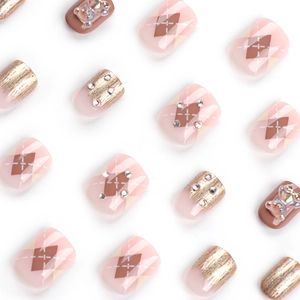 Plaid square press-on nails with 3D holographic bears, gold leaf and crystal accents