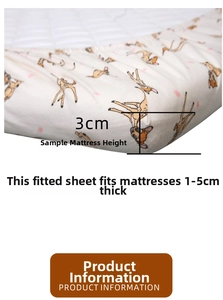 Detailed close-up of cartoon deer fitted crib sheet wrapping a 3cm thick mattress corner