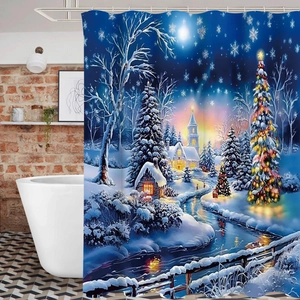 Detail of Christmas shower curtain featuring a snowy winter cabin scene in a cozy bathroom