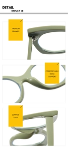 Detail display of cat eye glasses showing metal hinges, nose pads and curved temple tips