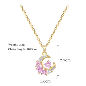 Detail of moon pendant with pink heart zircon and 40+5cm chain dimension specifications
