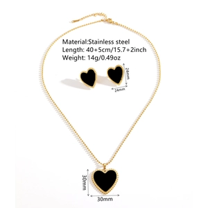 Gold stainless steel jewelry set with black heart shell pendants and size dimensions
