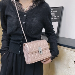 Women Quilted Rhombus Crossbody Bag PU Leather Metal Chain Strap Small Square Box Turn Lock Fashionable Shoulder Handbag