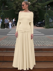 Off Shoulder Ruched Maxi Dress Long Sleeve Pleated Solid Color Polyester Spandex Elegant Evening Gown Women