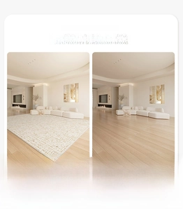 Comparison showing how a cream area rug brightens the living room vs no rug option