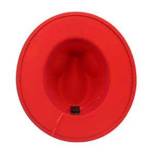 Detail view of red fedora hat interior showing the cotton blend fabric label and sweatband