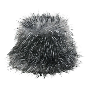 Close-up of thick faux fox fur bucket hat showing detailed grey and black plush texture
