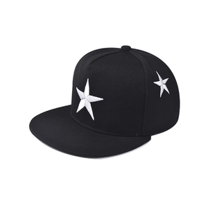 Classic black cotton snapback hat featuring large white embroidered stars on a flat brim