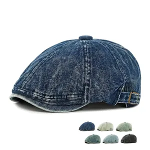 Gewassen Denim Newsboy Pet Vintage Achthoekige Hoed Verstelbaar Zonbescherming Casual Baret Voor Heren Dames Retro Stijl