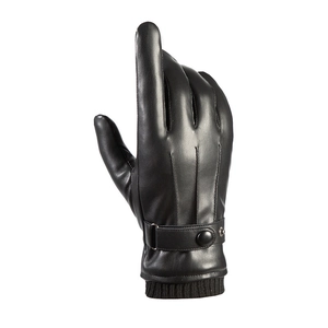 Men's black PU leather winter gloves with touch screen fingers and windproof cuffs