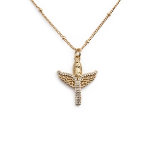 Golden angel wing pendant necklace with clear zircons and delicate bead chain