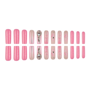 Pink glitter press-on nails set with heart patterns and rhinestone crystal accents